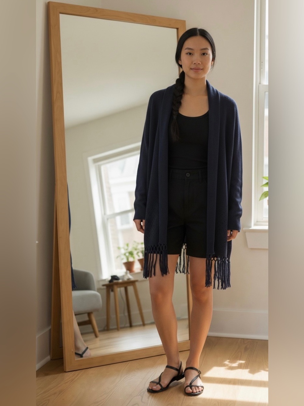 Lilly Pulitzer Tatum Long Fringe Hem Cardigan Sweater Navy Blue Size S Small